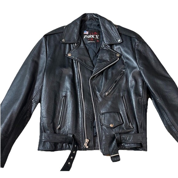 Vintage Park V Black Leather Biker Jacket Ramones Punk 60s Motorcycle USA Sz 40